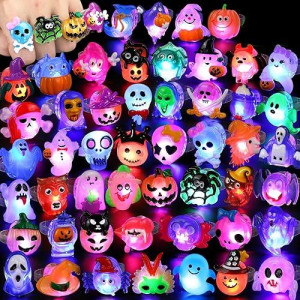 Fly2Sky Halloween Treats 50Pcs 3D Halloween Ring Led Light Up Rings Halloween Toys Halloween Party Favors For Kid Glow In The Dark Accessory Non Candy Gift Bag Fillers New Version