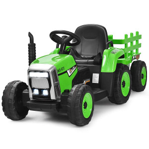 Costzon Ride On Tractor With Detachable Trailer, 12V Kids' Electric Vehicles W/3-Gear-Shift Ground Loader, Wireless Design & Usb, 7 Led Headlights, Remote Control Tractor Toys For Kids 3+ (Green)