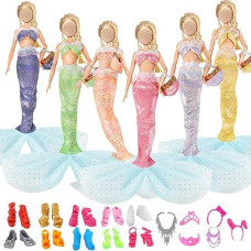 Mermaid Doll Dress For 11.5 Inch Dolls Clothes - Mermaid Doll Swimsuit Include 6 Sets Mermaid Bikini 6 Mermaid Tail 6 Handbags 6 Crown 10 Shoes, 11.5