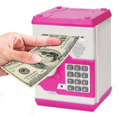 Renvdsa Cartoon Electronic Atm Password Piggy Bank Cash Coin Can Auto Scroll Paper Money Saving Box Gift For Kids (White Pink)