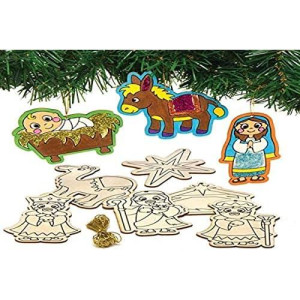 Baker Ross Ax562 Color In Wooden Nativity Tree Decorations - Pack Of 12, Make Your Own Festive Arts And Crafts For Christmas Activities