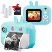 Minibear Instant Camera For Kids, Digital Camera For Girls, Toddler Camera With Print Paper, 40Mp Video Child Selfie Toy Camcorder, 2.4 Inch Screen, 32Gb Tf Card (Sky Blue)