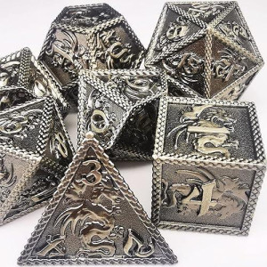 Haomeja Metal Dnd Dice Dragon Set 7 Role Playing Dnd Dice D&D Solid Dice Dungeons And Dragons Ancient Silver