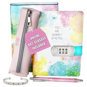 Life Is A Doodle Diary With Lock For Girls- Girls Journal Gift Set Includes: Leather Notebook Journal With Lock, Travel Pencil Case, Love Bracelet, Writing Pen - Trendy Journal For Teen Girls & Kids