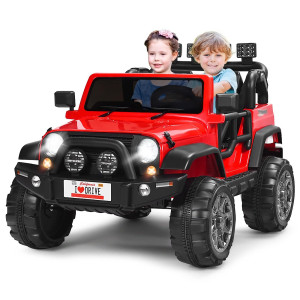 Costzon 2-Seater Ride On Truck, 12V Battery Powered Electric Vehicle Toy W/Remote Control, 3 Speed, Led Lights, Mp3, Horn, Music, 2 Doors Open, Spring Suspension, Ride On Car For Kids (Red)
