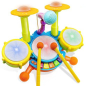 Drum Set For Kids With 2 Drum Sticks And Microphone, Musical Toys Gift For Toddlers