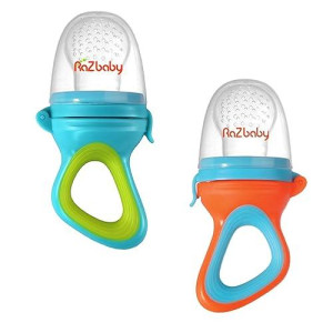 Razbaby Baby Solids/Frozen Fruit Feeder Pacifier, Infant Teether Toy 6M+, Bpa-Free Silicone Pouch & Nipple, Safely Introduce Solids, Teething Relief, Dishwasher Safe, 2-Pack - Orange/Blue + Green/Blue