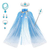 Fedio Princess Cape Set 7 Pieces Girls Princess Cloak With Tiara Crown, Wand For Little Girls Dress Up (Blue)