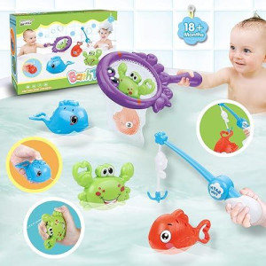 Dwi Dowellin Bath Toys Fishing Games With Fish Net Squirt Fishes Crab Pool Bath Time Bathtub Toy For Toddlers Baby Kids Infant Girls Boys Age 18Months And Up