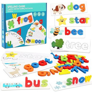 See And Spell Learning Toys - Alphabet Sight Words Flash Cards Matching Shape Letter Games Montessori Preschool Stem Toys For Kids 3+ Years Old (28 Flash Cards And 52 Wooden Alphabet Blocks)