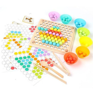 Xistest Kids Wooden Toy, Children'S Toys For 3 Years Old, Montessori Board, Fine Motor Early Education Color Recognition Chopsticks Clip Beads Hands Brain Training