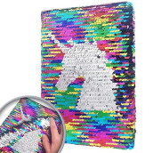 Ginmlyda Sequin Girls Journal For Kids, 8.5X5.5 Inches 160 Lined Pages Diary For Girls Unicorn Reversible Flip Sequence Notebook For Teenage Pre School Writing Drawing Travel Gifts(Rainbow-Sliver)
