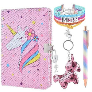 Wernnsai Sequins Pink Journal Set For Girls - Pink Kids Diary With Lock Notebook Journal Birthday Christmas Gift Diy A5 Secret Diary Pink Gel Pen Bracelet Key-Chain With Locks And Keys