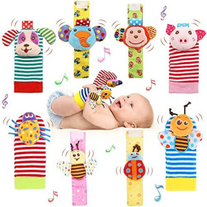 Wrist Rattles Foot Finder Rattle Sock Baby Toy, Rattle Toy, Arm Hand Bracelet Rattle, Feet Leg Ankle Socks, Activity Rattle Present Gift For Newborn Infant Babies Boy Girl Bebe (8 Pcs-A)