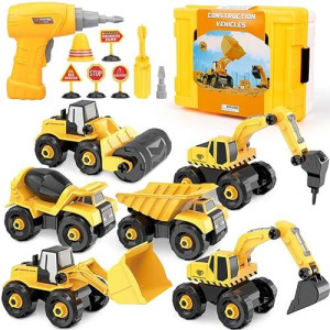 Sanlebi Take Apart Truck Car Toys With Electric Drill - Diy Construction Vehicles Excavator Toy Set With Storage Box Building Stem Toy Gifts For Kids Boys Girls Age 3 4 5 6 7 Year Olds