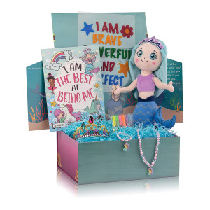 The Memory Building Company Kids Toys - Large Mermaid Surprise Box W/Mermaid Plush, Coloring Book And Markers, Jewelry And Crown Headband - Birthday Gift For Girls Age 6 & Up