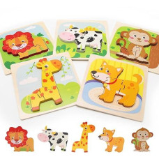 Wooden Toddler Puzzles For 1-3 Years Old, 5 Pieces Animal Puzzles For Boys And Girls Ages 2-4,Montessori Learning Travel Toys For Kids, Bright Vibrant Color Shape With Organizer Gift Box