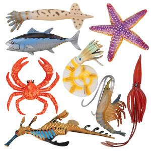 Toymany 8Pcs Plastic Sea Ocean Animal Figurines Bath Toy With Crab Starfish Squid Fish, Rubber Marine Creature Figures For Decor Aquarium Fish Tank