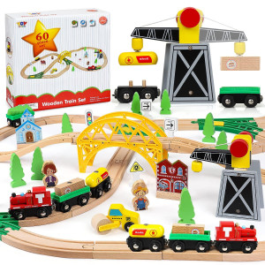 Toy Life Train Set 60Pcs Wooden Train Set With Crane, Wooden Train Tracks Toy Train Set For Toddlers 2-4 3-5, Kids Toys For 3 Year Old Boys - Fits Thomas Brio Melisa Chugginton Train Track Set