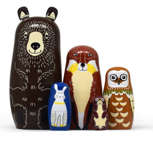 Tphon Handmade Bear Matryoshka Nesting Dolls - Cute Cartoon Wooden Stacking Set For Kids (5-Piece)