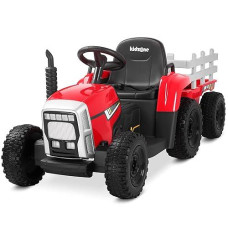 Kidzone 12V 7Ah Premium Version With Eva Treaded Tires Dual 35W Motors Boost Power Torque Remote Control Powered Electric Tractor With Trailer Toddler Ride On Toy 3-Gear-Shift, 7-Led Lights, Mp3