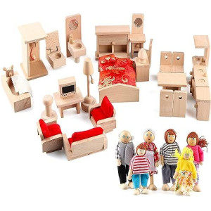 5 Set Dollhouse Furniture Accessories Wooden Bathroom/Living Room/Dining Room/Bedroom/Kitchen House 6 Family Doll Decoration Pretend Play Kids Christmas Birthday Gifts For Girls Toys 40 Pcs