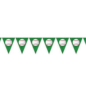 Beistle 53661 Baseball Triangular Party Pennant Banner, Green, 11 X 144