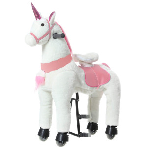 Ponyeehaw Ride On Unicorn Toys, Kids Riding Unicorn Toys Ride On Toys For 6-14 Years Old, Premium Plush Animals Toys Walking Unicorn With Wheels (White And Pink, 31.5 L X 13 W X 36.2 H)