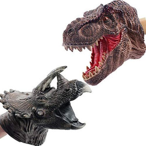 Liberty Imports 2 Pack Dinosaur Hand Puppets | Realistic Soft Rubber Tyrannosaurus Rex & Triceratops Hand Puppet Toys Set For Kids Adults Imaginative Play