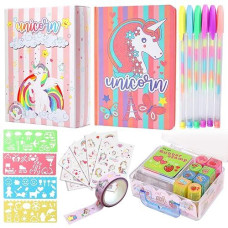 Yoytoo Unicorn Diary For Girls, Unicorn Stationery Set, Notebook, Pen, Stickers, Mini Stamps Set, Drawing Stencils, Unicorn Journal Gift For Drawing Writing For Girls Kids Ages 4-12