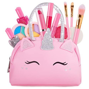 Kids Real Makeup Kit For Little Girls: With Pink Unicorn Bag - Real, Non Toxic, Washable Make Up Toy - Gift For Toddler Young Children Pretend Play Set Vanity For Ages 3 4 5 6 7 8 9 10 Years Old