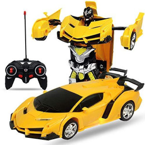 Prymeone Remote Control Transforming Robot Car For Kids, Rc Car 2.4G Robot Deformation Realistic Engine Sounds & One-Button Transformation & 360 Drifting 1:18 Scale For Boys And Girls (Yellow)