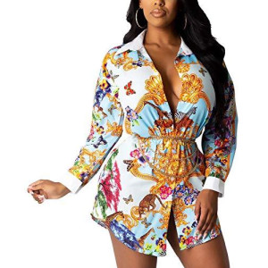 Shirt Dresses for Women Button Down Sexy Loose colorful Floral Print Top Long Sleeve collar Blouses