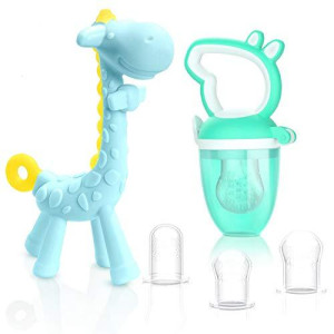 Share&Care Giraffe Baby Teething Toys And Natural Organic Food Feeder Pacifier/Banana Baby Teether Chew Toys Fresh Fruit Feeding/ 2 Teethers And 1 Feeder With 3 Silicone Sacs (Blue)