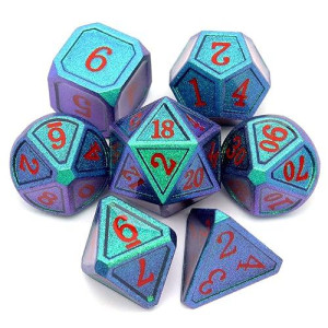 Haxtec Chameleon Metal Dnd Dice Set Color Changing D&D Polyhedral Dice For Dungeons And Dragons Ttrpg-Noble Green Purple Shift Red Numbers