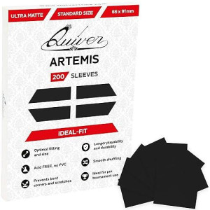 Quiver Time 200 Artemis Standard Size Black Card Sleeve - Matte Deck Sleeves - Card Protectors Compatible With Magic: The Gathering (Mtg Card Sleeves) & Other Playing Cards (Black, 66X93Mm)