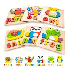 Wooden Puzzles Toddler Toys For Kids 1 2 3 Years Old Boys Girls Toddler Puzzles Montessori Toys Eco Friendly Child Gifts With Animal Shape Alphabet Spelling Puzzles Preschool Learning Toys(6 Pack)