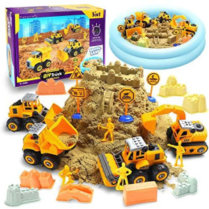 Yidestars Play Construction Sand Kit,2.2Lbs Magic Sand W/4 Large Take Apart Construction Trucks,1 Sandbox,8 Worker Figures And Road Signs,8 Molds,Toys For 2-8 Years Old Boys Girls