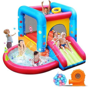 Step4Fun Inflatable Bounce House, Kids Castle Slide Bouncer For Children Jumping Outdoor And Indoor Party, Baby Backyard Water Jumper Toy With Blower, Ball Pit Pool, Ideal Gifts(112 X 98 X 65�)