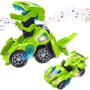 Transforming Dinosaur Toys,Transforming Dinosaur Car,2 In 1 Automatic Transform Dino Cars With Music And Led Light,Dinosaur Transformer Toys For Kids Easter Party Favors Christmas Birthday Gifts