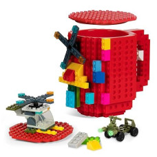 Build-On Brick Coffee Mug With Lid,Fubarbar Funny Diy Novelty Kid Cup With Building Blocks For Men Women Xmas Birthday (Red)