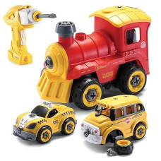 Toy Trucks | Take Apart Toys With Electric Drill | Converts To Remote Control Car | 3 In 1 School Bus, Taxi, Train Take Apart Toys Children | Stem