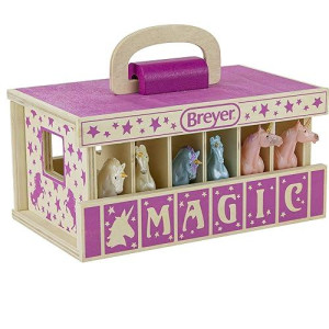 Breyer Horses Unicorn Magic Wooden Stable Playset With 6 Unicorns | 6 Piece | 6 Stablemates Unicorns Included | 6� H X 9� L X 2.5� D | 1:32 Scale | Model #59218, Multicolor