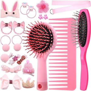 Youngjoy 3 Pcs Doll Hairbrush Set Metallic Fuchsia Doll Hair Care Comb With 50 Pcs Colorful Elastic Hair Ties For 18 And 14 Inch Dolls, The Dolls Bitty Baby And Other Doll Item(Style 1)