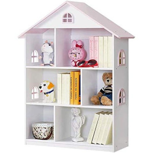 Yfdzone Dollhouse Bookcase Wooden Children Bookshelf Kid Book Display Unit Child Book Rack With Toy Storage Organizer For Bedroom Playroom Living Room(Pink)