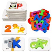 Gojmzo Number And Alphabet Flash Cards For Toddlers 3-5 Years, Abc Montessori Educational Toys Gifts For 3 4 5 Year Old Preschool Learning Activities, Wooden Letters Animal Flashcards Puzzle Game