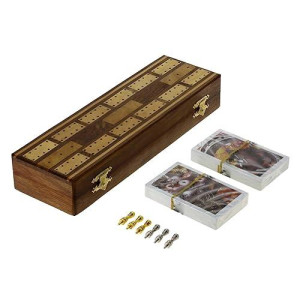 Ajuny Wooden Cribbage Board Game Set, Includes 6 Metal Pegs And 2 Deck Of Playing Cards With Storage Area Traditonal Tabletop Fun Travel Family Night Game Gifts 10 Inch