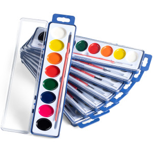 Watercolor Paint Set- Bulk Of 24 Sets - 8 Water Color Washable Paints, Palette Tray And Painting Brush, For Art Schools, Party Favors, Kids Prizes, Stocking Stuffers And Paint Party Supplies
