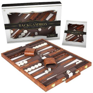 Backgammon Set 15 Inch, Medium - Classic Board Game For Adults And Kids With Premium Leather Case - Includes Strategy & Tip Guide (Brown)
