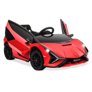 Kidzone Kids Electric Ride On 12V Licensed Lamborghini Sian Roadster Battery Powered Sports Car Toy With 2 Speeds, Parent Control, Sound System, Led Headlights & Hydraulic Doors - Red